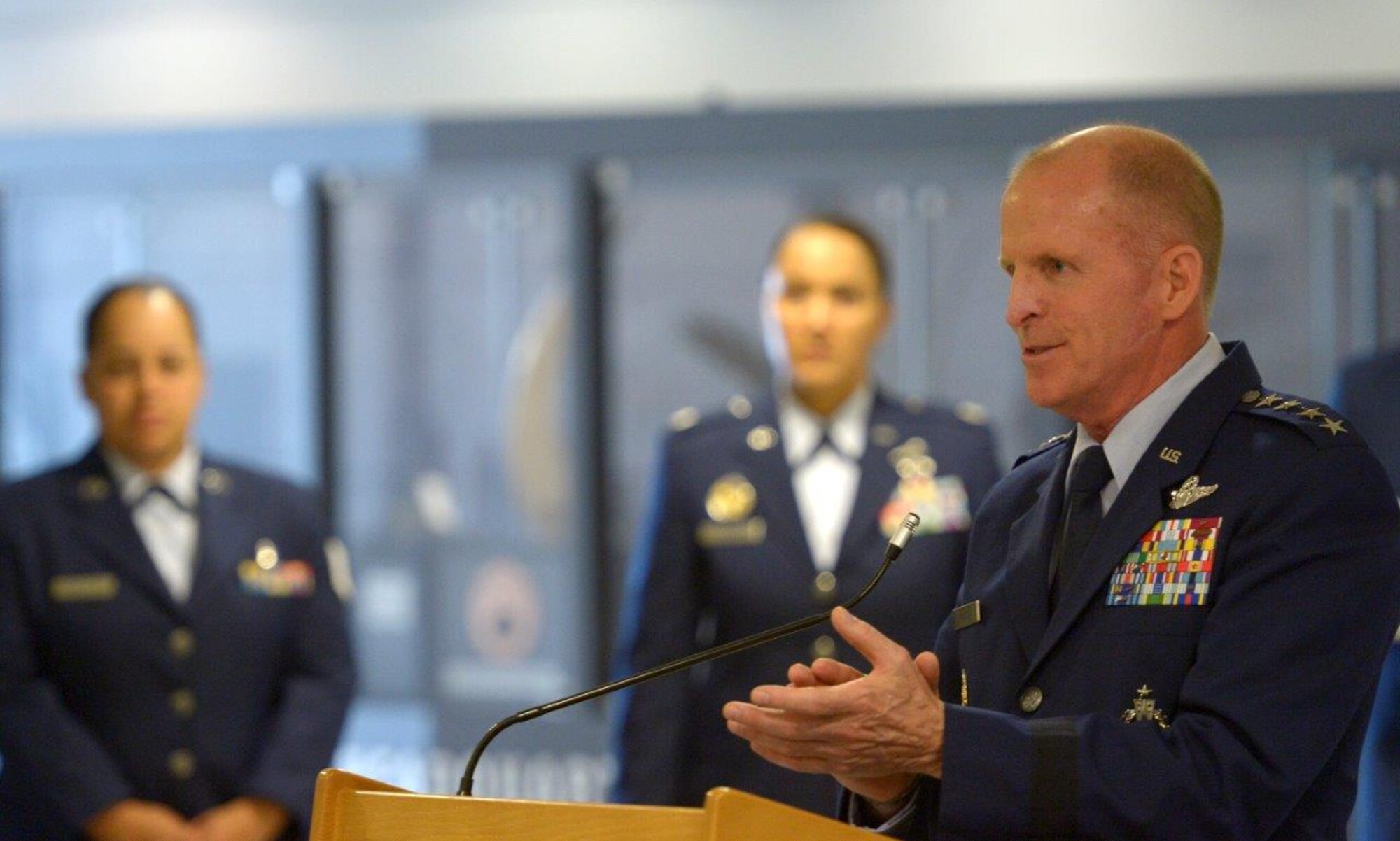 Air Force Vice Chief of Staff Gen. Stephen W. Wilson speaks during an awards ceremony in the Pentagon, Arlington, Va., Oct. 5, 2017. During the ceremony, Wilson presented the 2016 Lance P. Sijan U.S. Air Force Leadership Award to four Airmen. (U.S. Air Force photo by Staff Sgt. Rusty Frank)