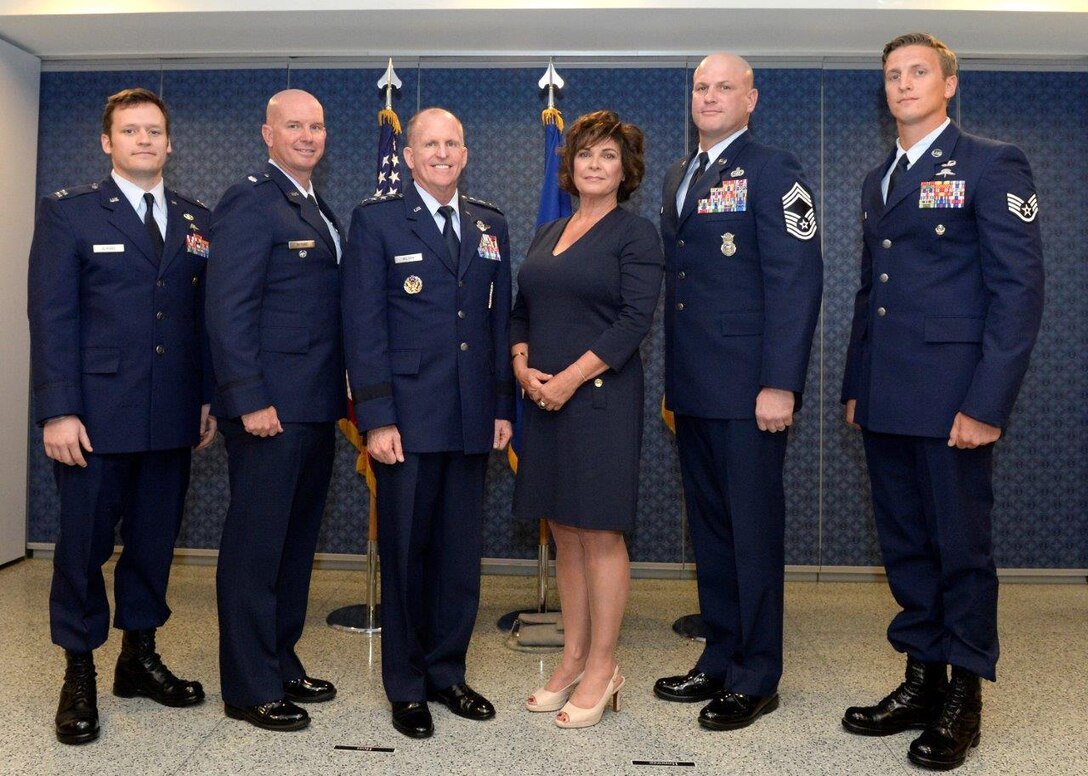 Air Force Vice Chief of Staff Gen. Stephen W. Wilson and Janine Sijan Rozina, Lance P. Sijan’s sister, poses for a photo with the 2016 Lance P. Sijan U.S. Air Force Leadership Award winners in the Pentagon, Arlington, Va., Oct. 5, 2017. Sijan was shot down over Vietnam, Nov. 9, 1967, and evaded capture for 45 days despite severe injuries. He later died while in a Vietnamese prisoner-of-war camp and was presented the Medal of Honor posthumously for heroism. (U.S. Air Force photo by Staff Sgt. Rusty Frank)