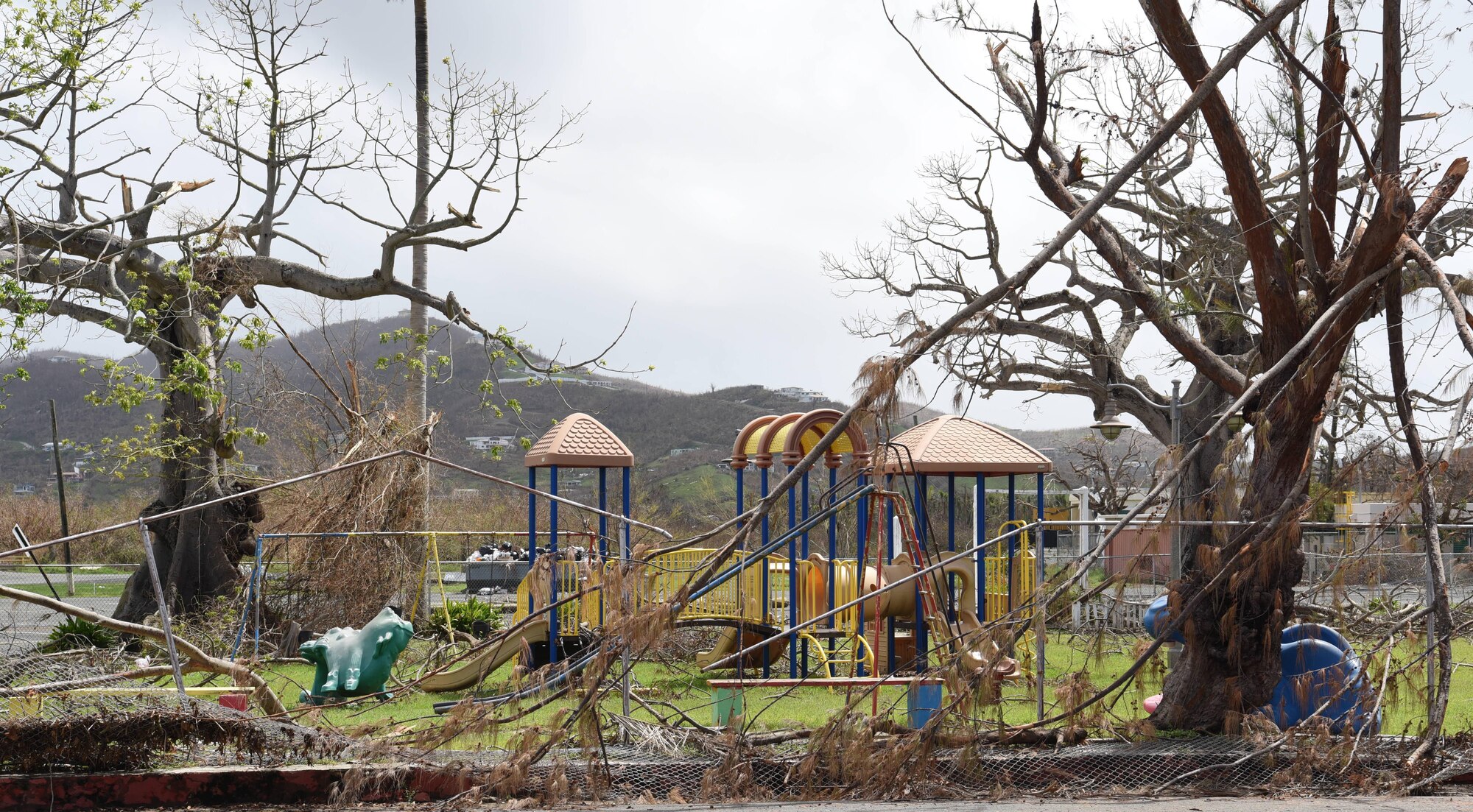 Debris piles in front of a local park in St. Croix, U.S. Virgin Islands, due to Hurricane Maria, September 28, 2017. (U.S. Air National Guard photo by Tech. Sgt. Gregory Ferreira/Released)