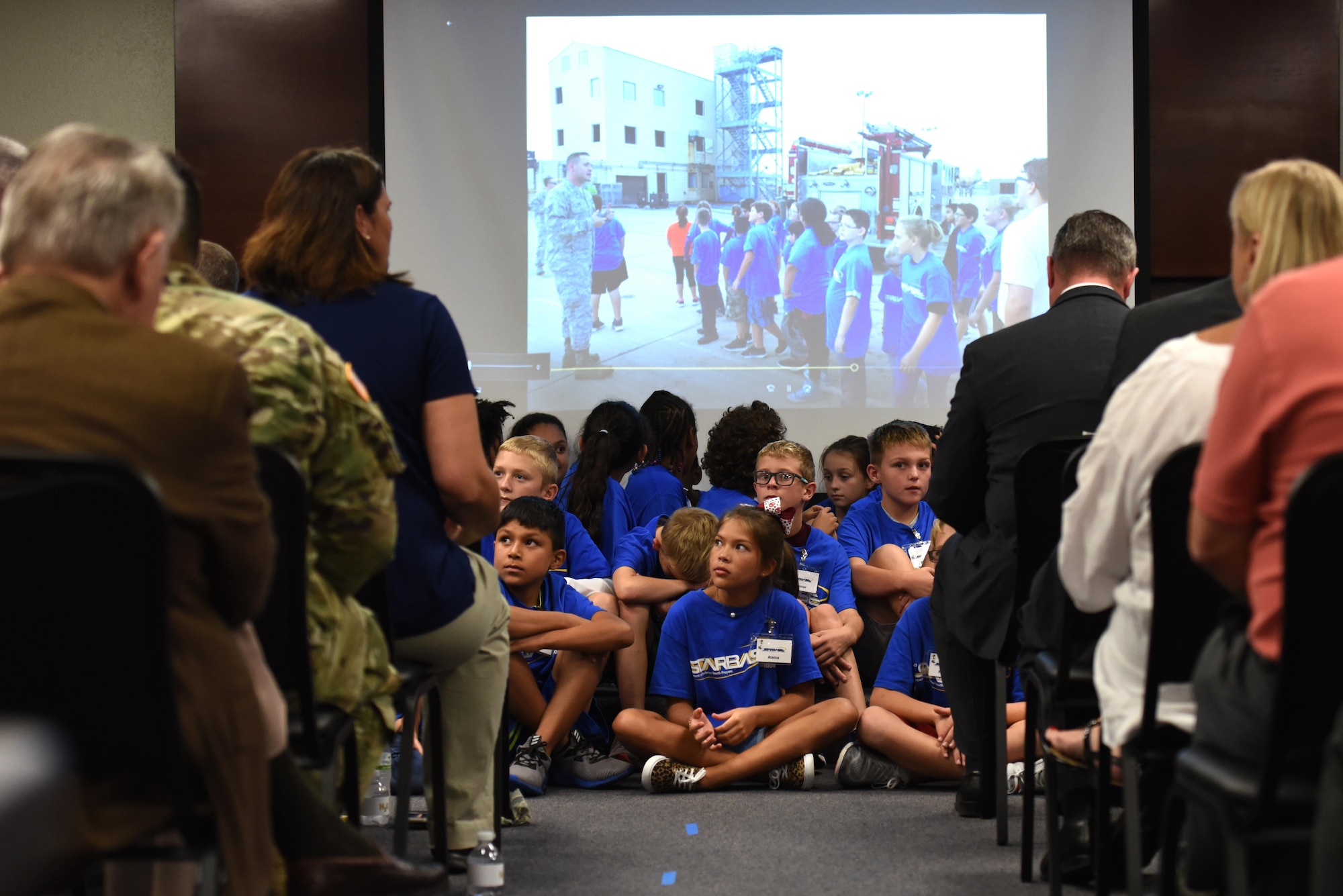 Students of STARBASE await the ribbon cutting ceremony at the STARBASE Goodfellow building on Goodfellow Air Force Base, Texas, Oct. 4, 2017. STARBASE, a Department of Defense program, teaches students science, technology, engineering and mathematics programs, showing them career possibilities for their future. (U.S. Air Force photo by Airman Zachary Chapman/Released)