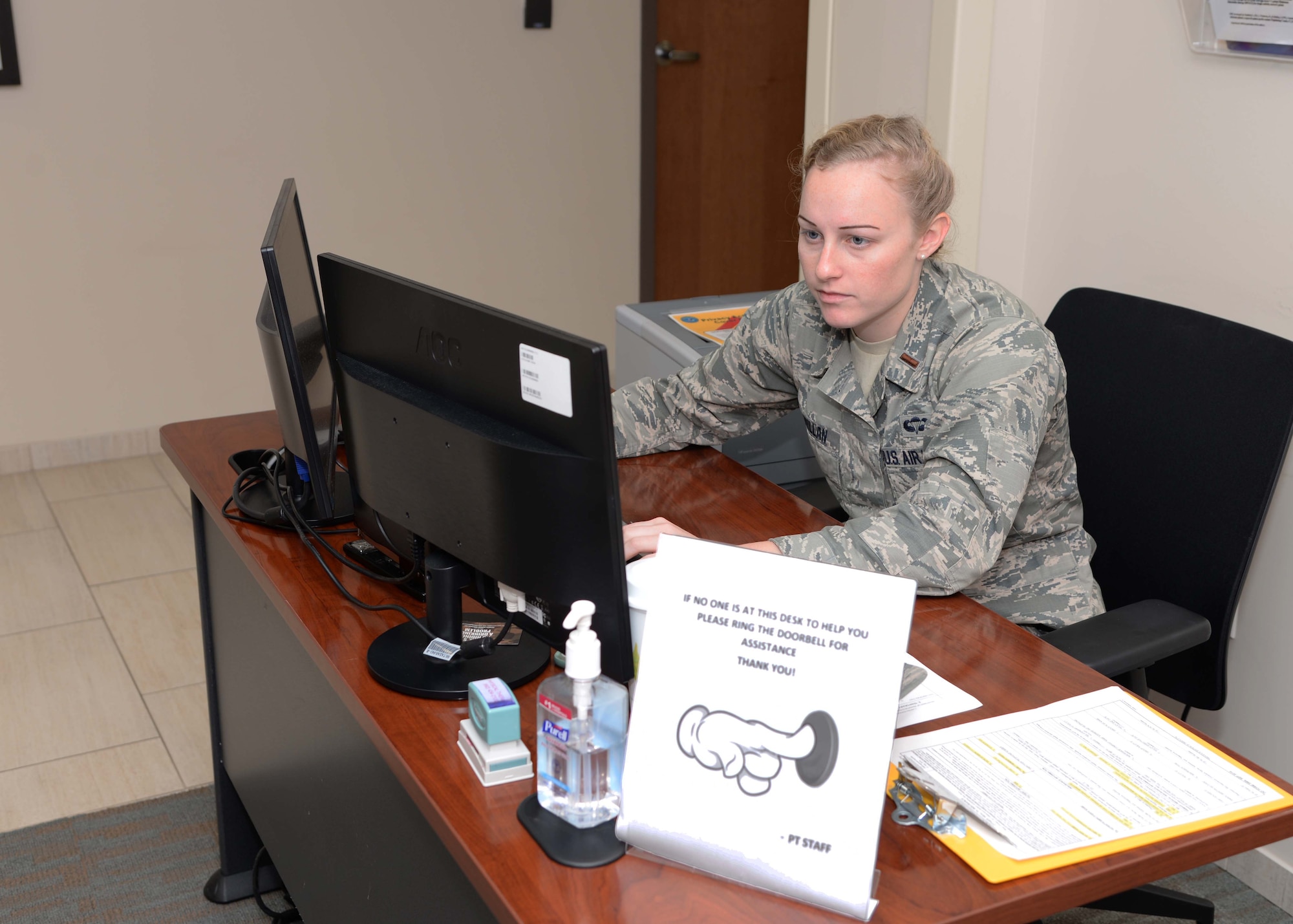Second Lt. Christina McMillan, 14th Student Squadron student pilot, is assisting the 14th Medical Group by organizing files on a computer Oct. 4, 2017, on Columbus Air Force Base, Mississippi. Most lieutenants on casual status have to juggle studying for Introductory Flight Training and Specialized Undergraduate Pilot Training with their jobs. (U.S. Air Force photo by Airman 1st Class Beaux Hebert)