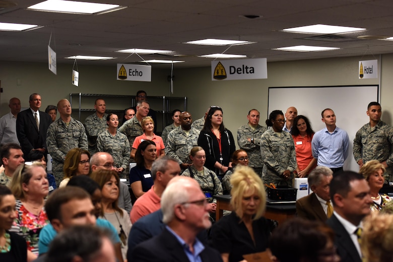 The audience of STARBASE’s ribbon cutting ceremony at the STARBASE building on Goodfellow Air Force Base, Texas, Oct. 4, 2017. Leaders from Goodfellow and San Angelo attended the ceremony. (U.S. Air Force photo by Airman Zachary Chapman/Released)