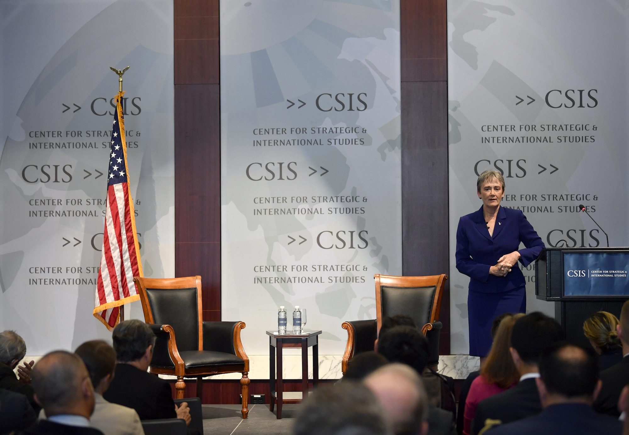 Secretary of the Air Force Heather Wilson speaks at the Center for Strategic and International Studies, Washington, D.C., Oct. 5, 2017. Wilson highlighted the need to invest in our Airmen, readiness, modernization and the future of Space operations. (U.S. Air Force photo by Wayne A. Clark)