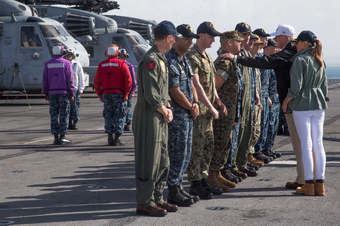 President Trump and the First Lady Melania Trump, interacted with Marines and Sailors who are supporting Hurricane Maria relief efforts during a visit to USS Kearsarge.