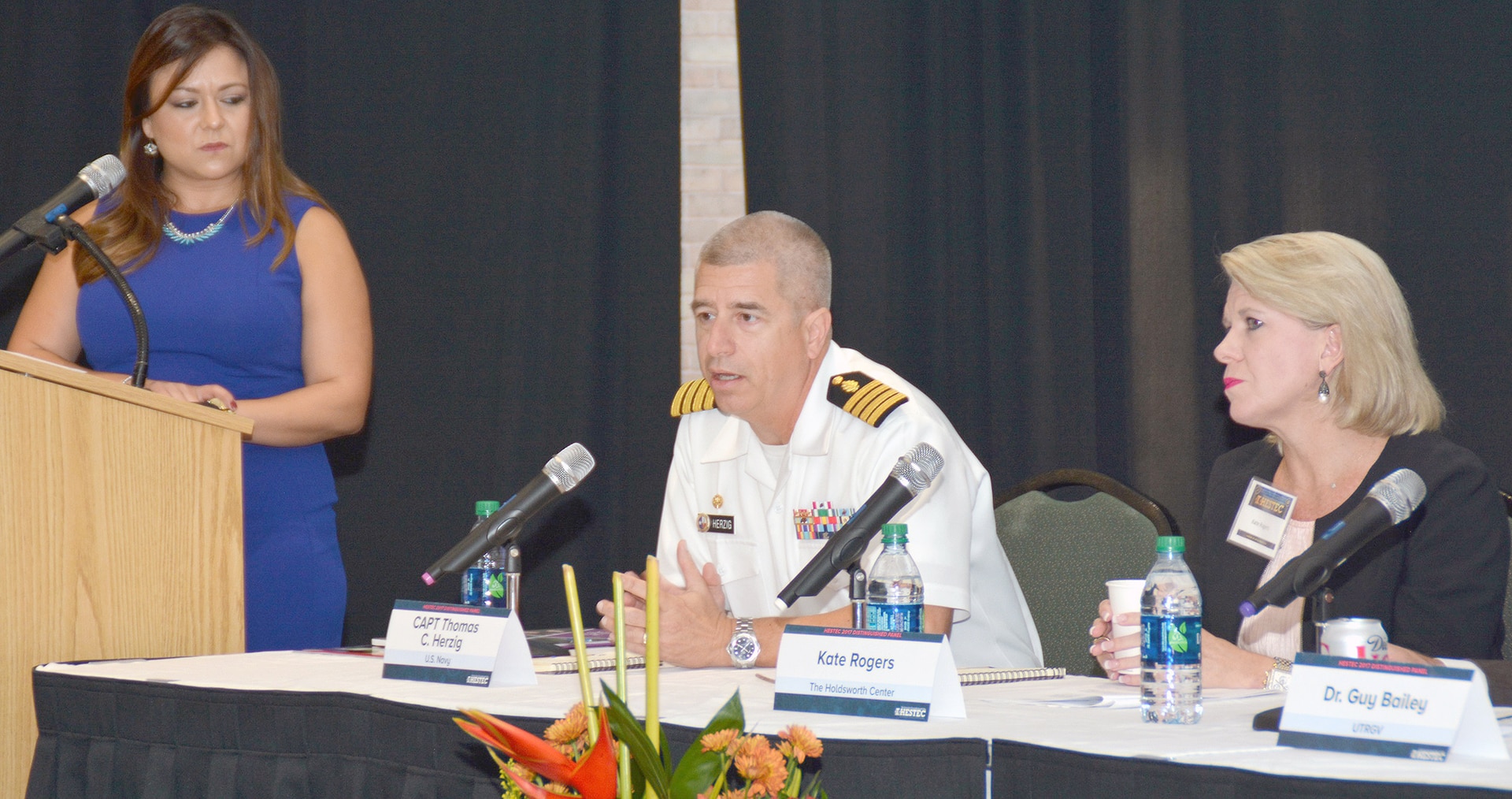 Capt. Thomas Herzig, commanding officer, Naval Medical Research Unit San Antonio, speaks on the importance of science, technology, engineering and mathematics within the Navy during the 2017 Hispanic Engineering, Science and Technology Week’s STEM Literacy Panel held on the campus of the University of Texas-Rio Grande Valley Oct. 2-7.  HESTEC is a nationally recognized model for promoting STEM careers to students of all ages.