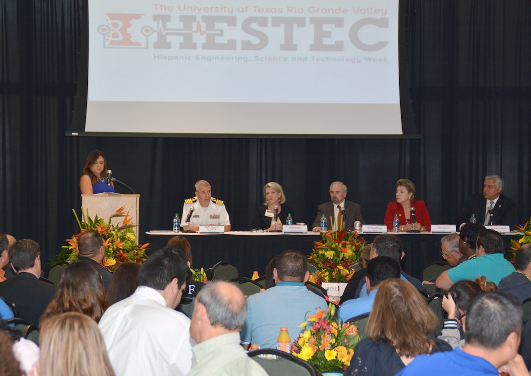 Capt. Thomas Herzig, commanding officer, Naval Medical Research Unit San Antonio, speaks on the importance of science, technology, engineering and mathematics within the Navy during the 2017 Hispanic Engineering, Science and Technology Week’s STEM Literacy Panel held on the campus of the University of Texas-Rio Grande Valley Oct. 2-7.  HESTEC is a nationally recognized model for promoting STEM careers to students of all ages.