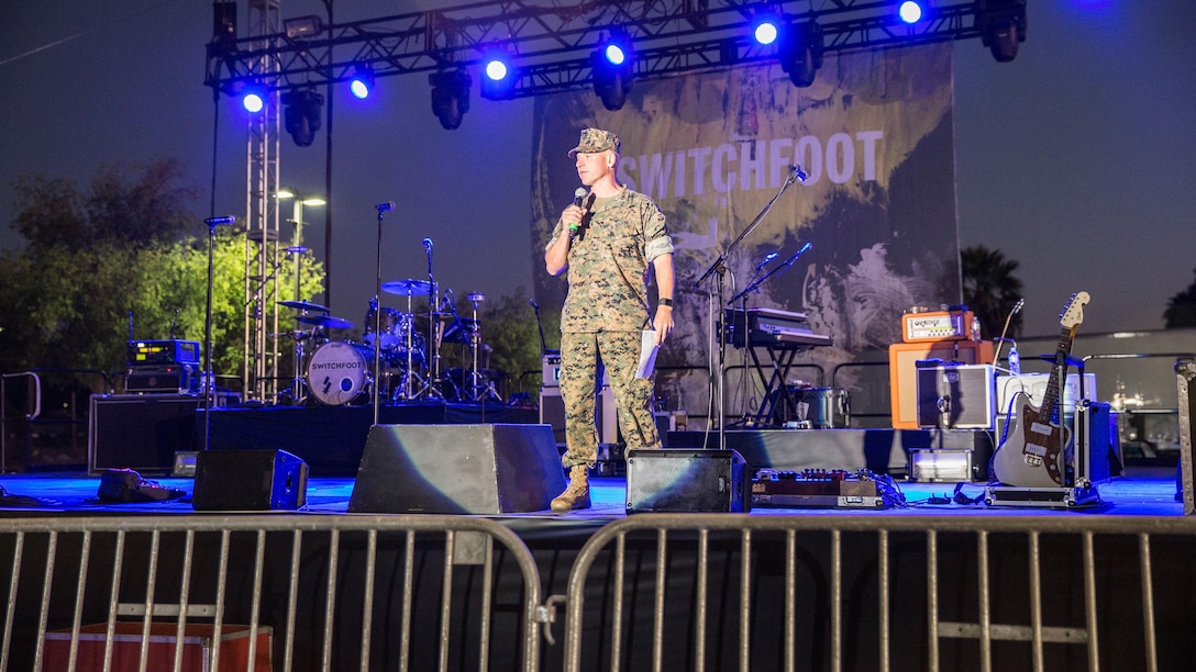 Col. John R. Polidoro, Commanding Officer, Headquarters and Support Battalion, addresses Camp Pendleton Marines, Sailors, and families before a concert by Switchfoot at the Spiritual Fitness Fair at Camp Pendleton’s Paige Fieldhouse, Oct. 5, 2017. The Spiritual Fitness Fair was organized to promote spiritual and mental wellness with the end state being a safe, well attended event that enhances the morale and esprit de corps of the battalion.
