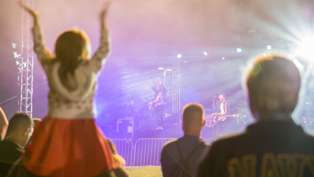 Switchfoot performs for Camp Pendleton Marines, Sailors and their families during the Spiritual Fitness Fair at the Paige Fieldhouse, Oct. 5, 2017. The Spiritual Fitness Fair was organized to promote spiritual and mental wellness with the end state being a safe, well attended event that enhances the morale and esprit de corps of the battalion. (Official Marine Corps photo by Lance Cpl. Anabel Abreu Rodriguez)