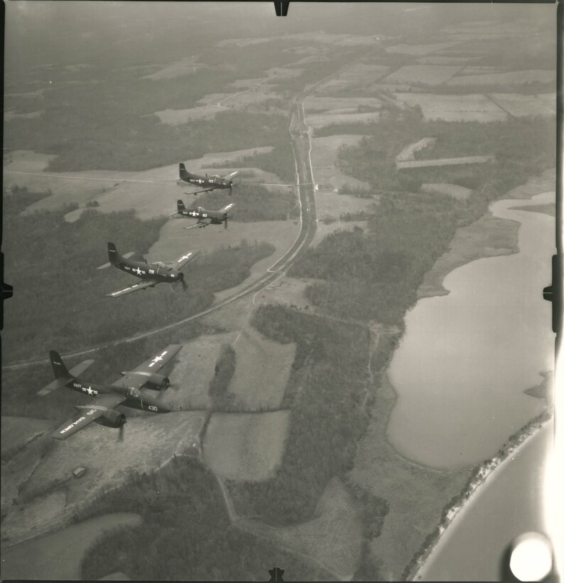 IMAGE: AVIATION HISTORY: 4 Dahlgren Navy planes flying in Formation, Plane #'s 430, 291, 163, and 359.
(430 Twin engine, the rest are single engine).