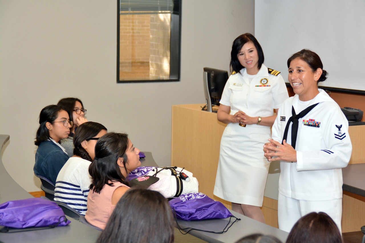 Navy Petty Officer 2nd Class JoAnn Consiglio, assigned to Navy Officer Recruiting Station Harlingen in Texas, is joined by other sailors of Navy Recruiting District San Antonio and Navy City Outreach Southwest Region.