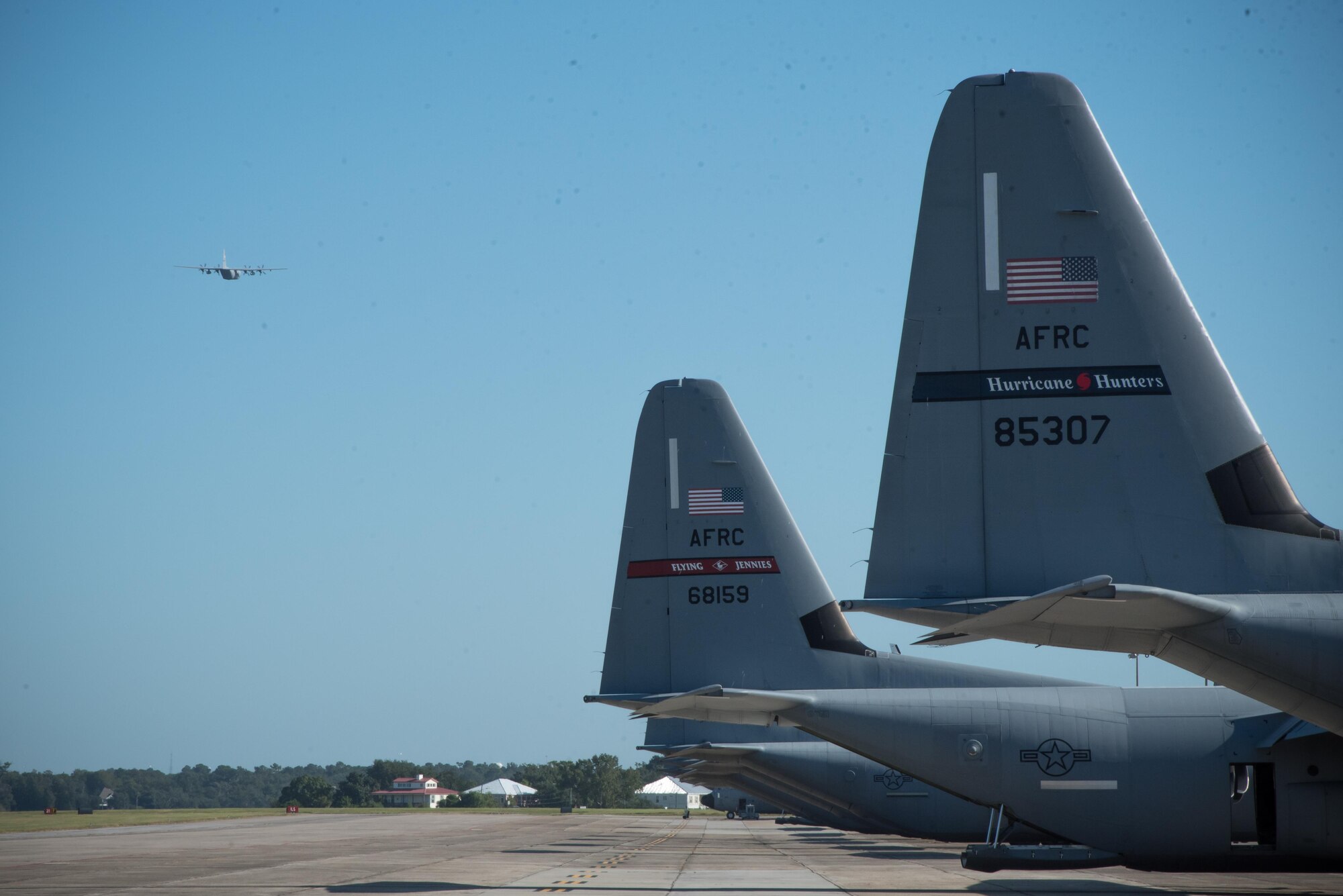 C-130J and WC-130J Super Hercules aircraft from the 403rd Wing evacuate Keesler Air Force Base Mississippi Oct. 6 as a precautionary measure ahead of the arrival of Tropical Storm Nate. (U.S. Air Force photo/Maj. Marnee A.C. Losurdo)