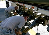 Fuels Distribution System Technicians, Staff Sgt. Justin Bradford, a volunteer from the 134th Air Refueling Wing, McGhee Tyson Air National Guard Base (left) and Staff Sgt. Jared Dabney, 165th POL, operate a truck offloading header valve to take fuel during a fuel delivery to the Savannah Air National Guard Base, Oct. 4, 2017.