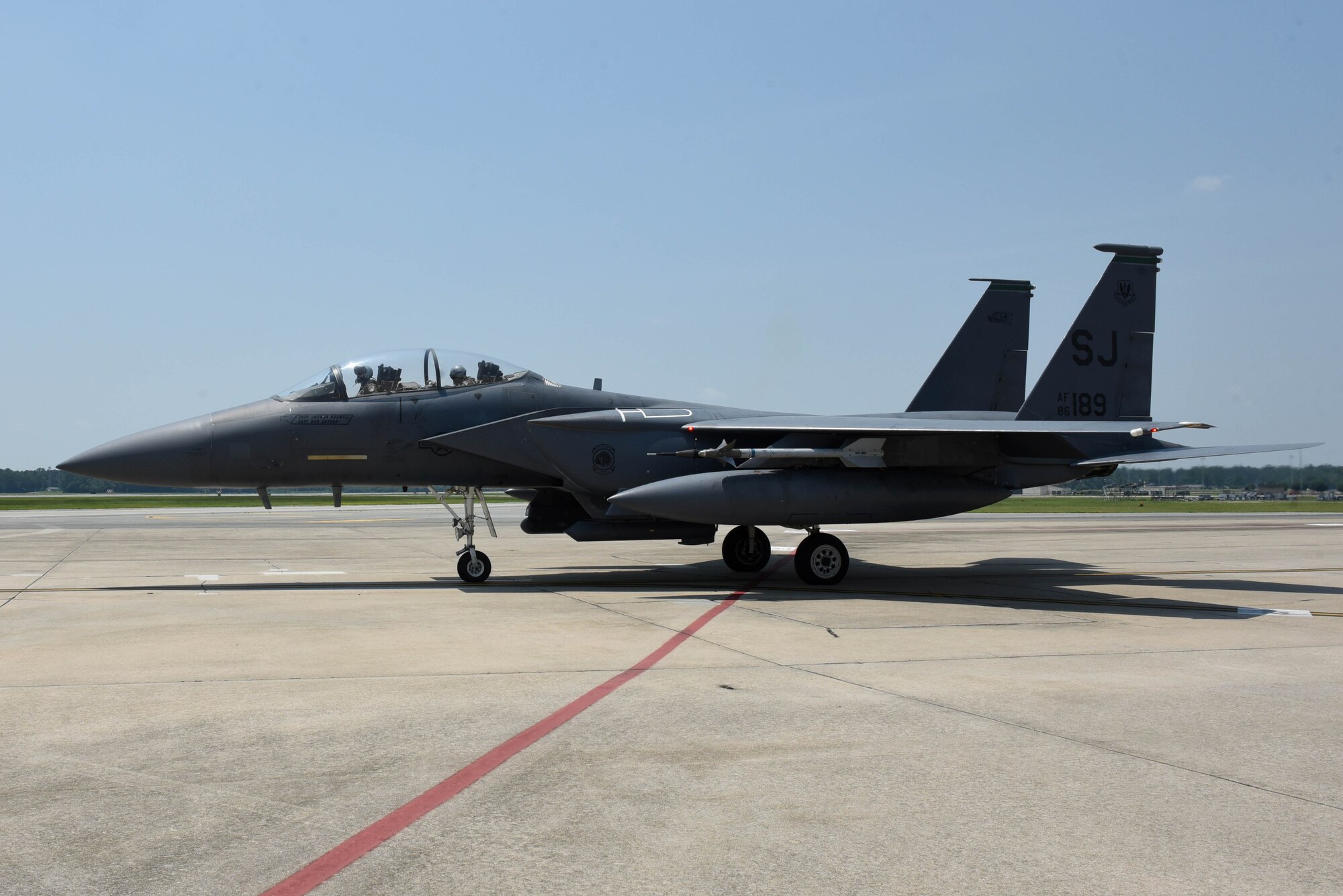 An F-15E Strike Eagle taxis to the end of the runway for take-off, July 21, 2017, at Seymour Johnson Air Force Base, North Carolina.