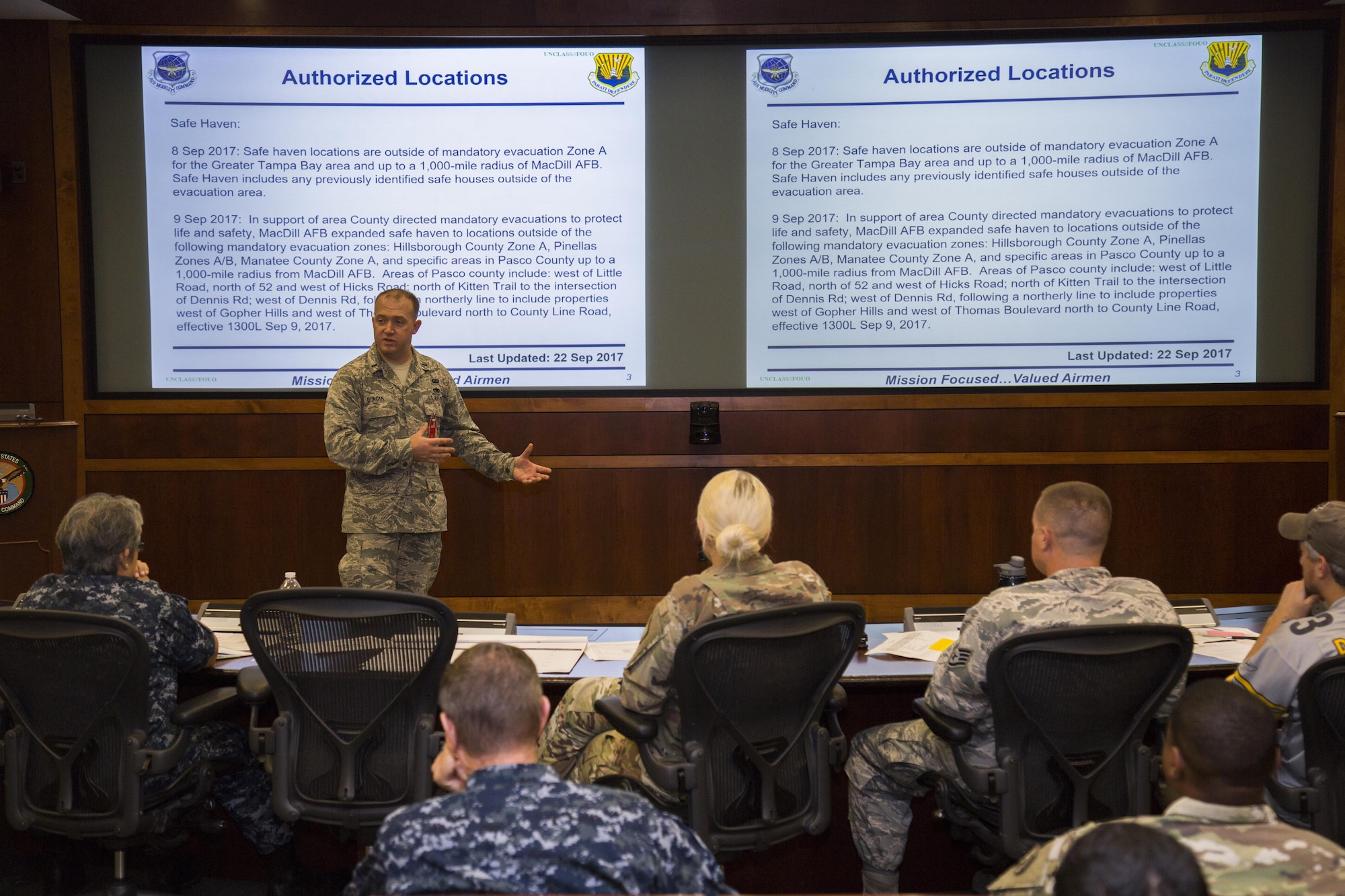 U.S. Air Force 1st Lt. Matthew Duncan, the financial services flight commander assigned to the 6th Comptroller Squadron, briefs U.S. Central Command personnel at MacDill Air Force Base, Fla., Oct. 5, 2017.