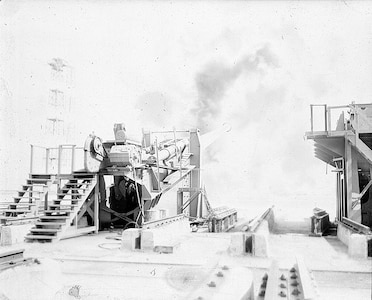 IMAGE: September 1955
16" Gun firing, Main Battery, Rear View, 2 Towers Visible