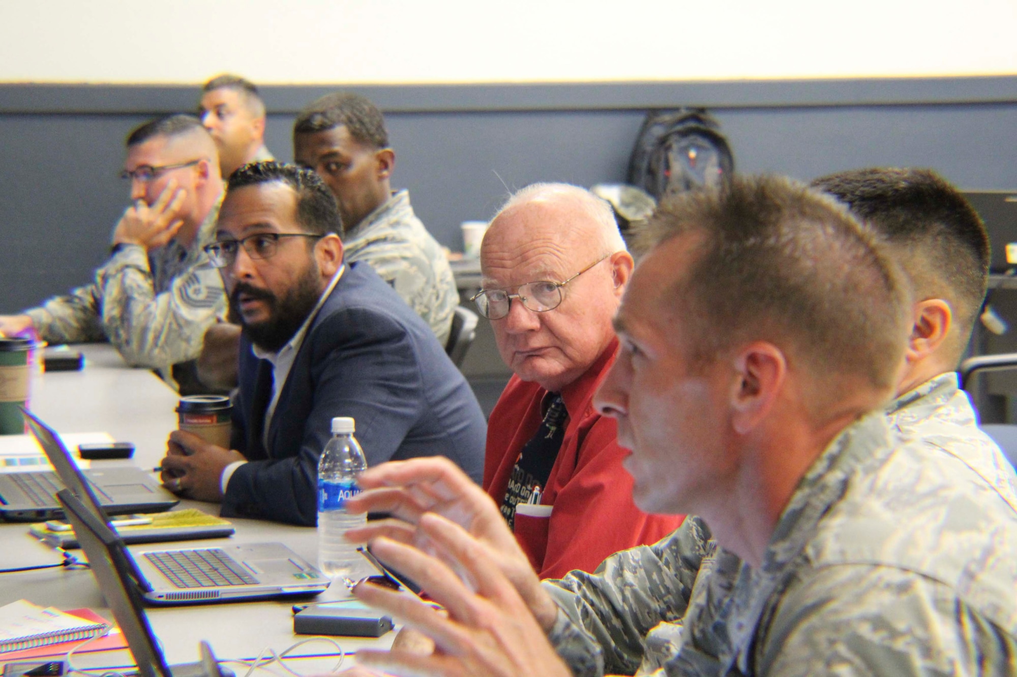 Chief Master Sgt. Larry Blume, civil engineer major command functional manager at AFMC, discusses the impact potential changes to engineer training can have on Airmen. Blume was part of a team comprised of members from AFCEC force development, major command leaders, Air National Guard and Air Force Reserve. The Strategic Training Requirements Team meeting at Ft. Leonard Wood, Missouri, provided a venue to develop new training requirements for Air Force specialty code 3E5s. (U.S. Air Force Photo by Susan H. Lawson)