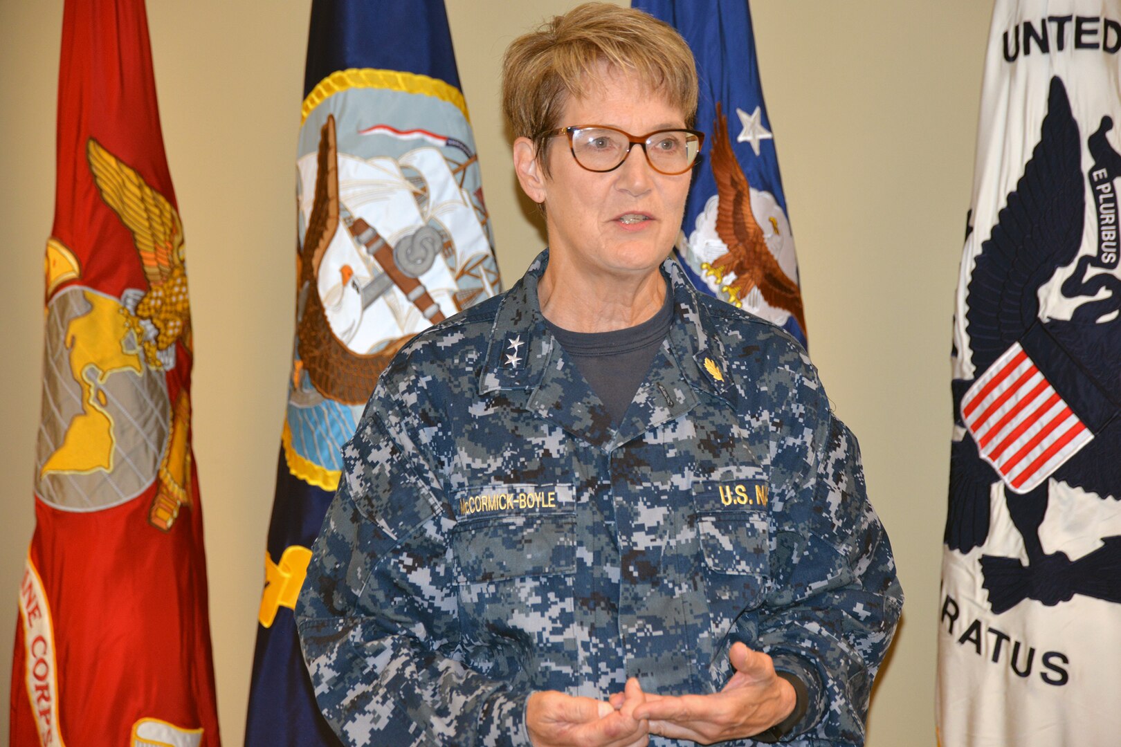 Rear Adm. Rebecca J. McCormick-Boyle, commander, Navy Medicine Education and Training Command at Joint Base San Antonio-Fort Sam Houston, speaks to delegates and others at the opening session of the Armed Forces Action Program annual forum, held at the Installation Management Command Academy Oct. 3-6.