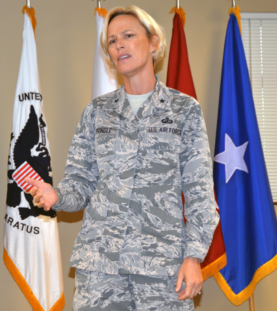 Brig. Gen. Heather Pringle, commander, 502nd Air Base Group and Joint Base San Antonio, speaks to delegate and volunteers at the start of the Armed Forces Action Program members annual forum, held at the Installation Management Command Academy Oct. 3-6.