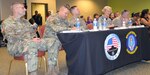 From left) Brig. Gen Jeffrey Johnson, commander, Brooke Army Medical Center; Maj. Gen. Mark Stammer, commander, U.S. Army South; Maj. Gen. Thomas Tempel, commander, Regional Health Command-Central; Brig. Gen. Heather Pringle, commander, 502nd Air Base Group and Joint Base San Antonio; and Capt. William Leonard, deputy commander, Navy Medicine Education and Training Command, listen during the report out session of the Armed Forces Action Program members annual forum, held at the Installation Management Command Academy Oct. 3-6.
