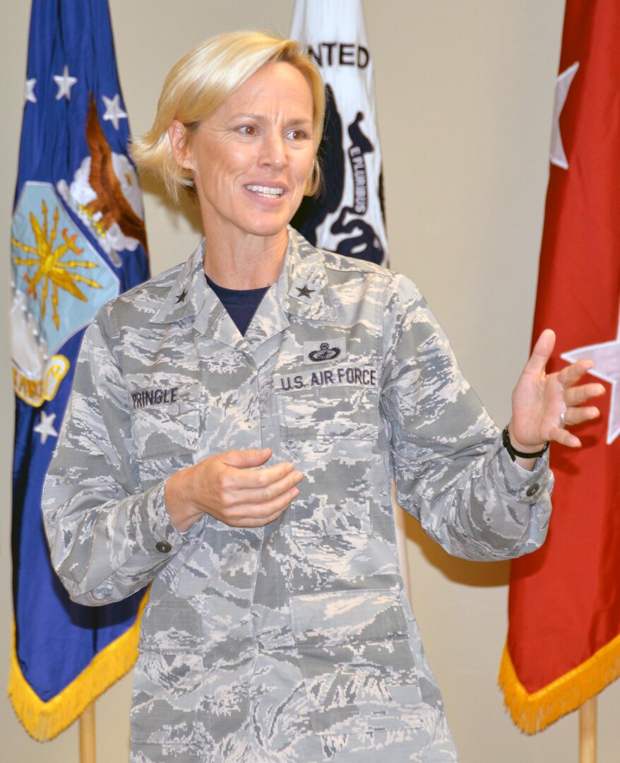 Brig. Gen. Heather Pringle, commander, 502nd Air Base Group and Joint Base San Antonio, speaks to delegates at the conclusion of the Armed Forces Action Program members annual forum, held at the Installation Management Command Academy Oct. 3-6.