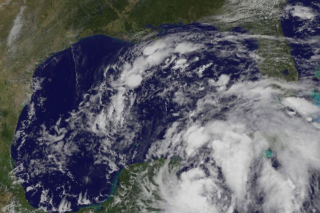 A satellite image of a tropical storm.