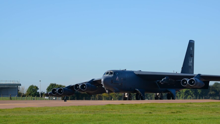 A B-52 Stratofortress taxis for a takeoff at Fairford Royal Air Force Base, Sept. 22, 2017.