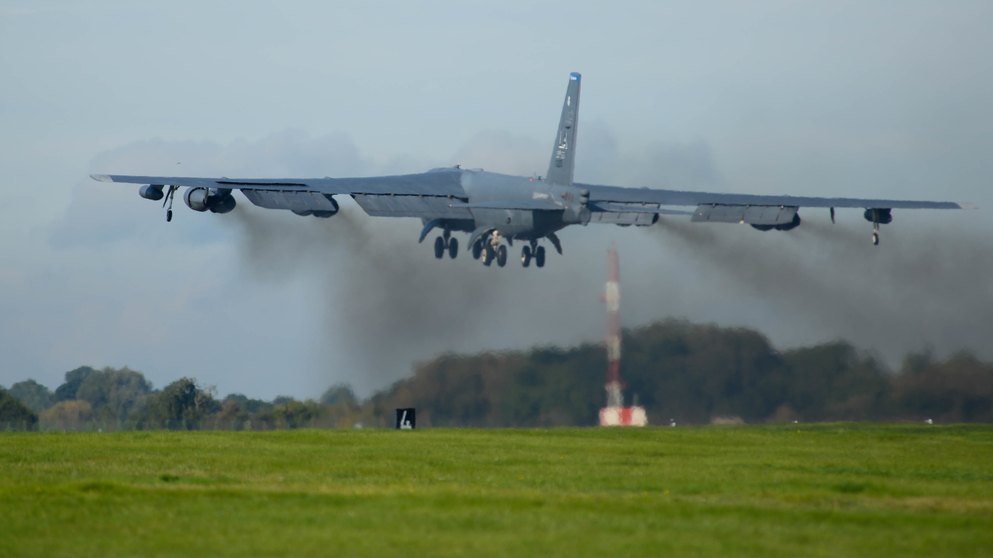 A B-52 Stratofortress takes off the runway at Fairford Royal Air Force Base, Sept. 22, 2017.