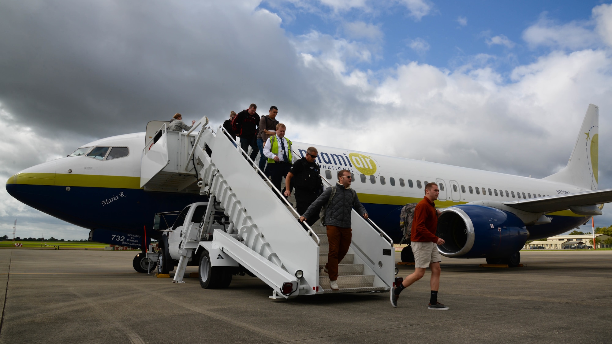 Passengers from Barksdale Air Force Base, La., arrive at Fairford Royal Air Force Base, U.K., Sept. 11, 2017.