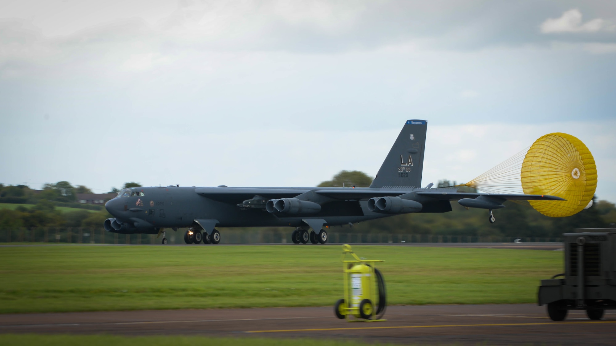 A B-52 Stratofortress lands on the runway at Fairford Royal Air Force Base, U.K., Sept. 14, 2017.