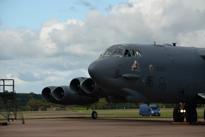 A B-52 Stratofortress arrives at Fairford Royal Air Force Base, U.K., Sept. 14, 2017.