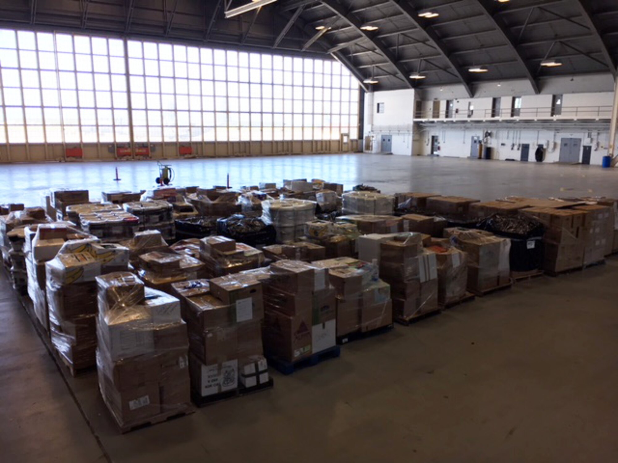 Supplies for Puerto Rico sit in a hangar waiting to be palletized at MacDill Air Force Base, Fla., Oct. 4, 2017.