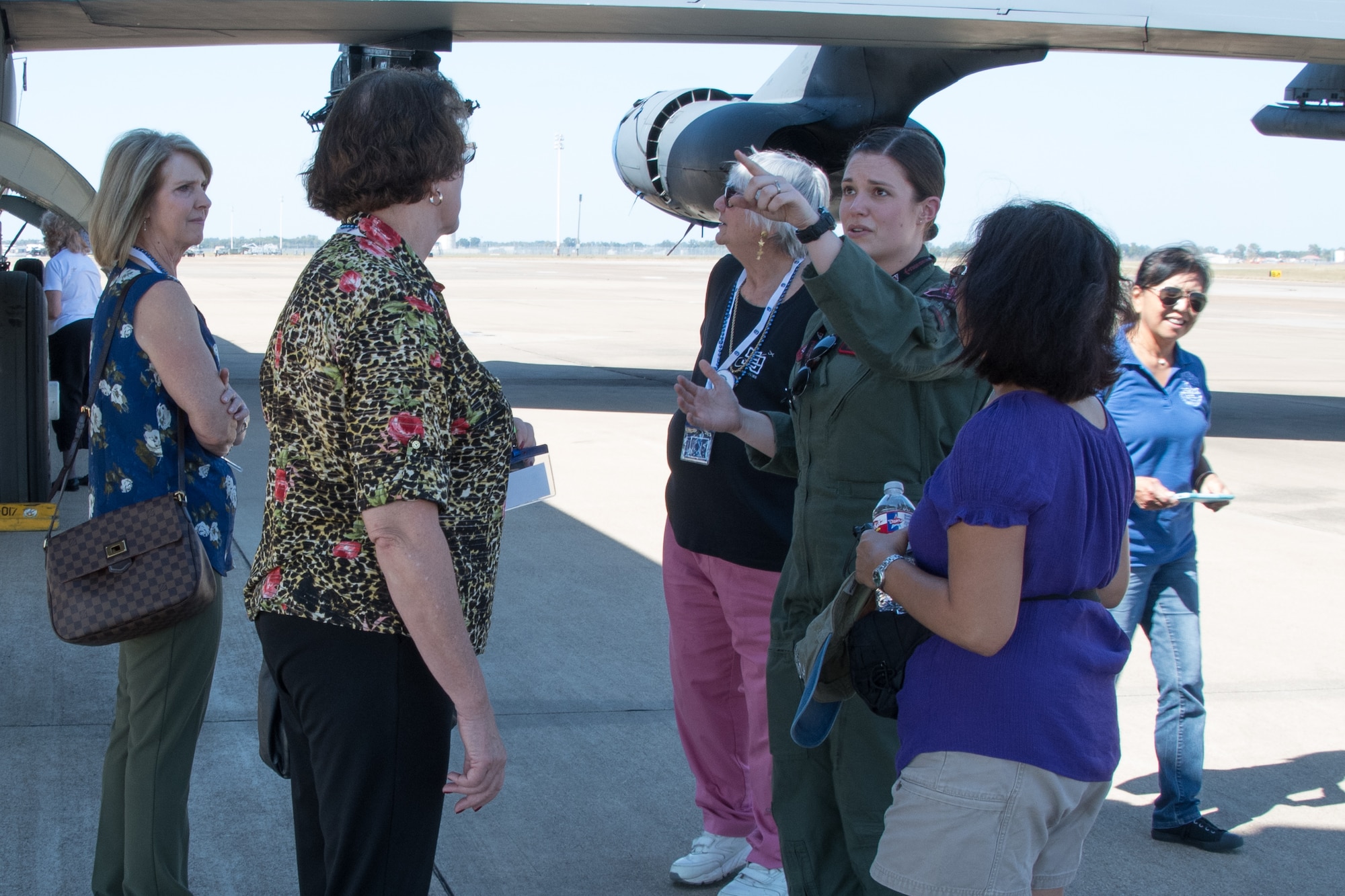 1st Lt. Christina Bowen, a Weapons System Officer assigned to the 11th Bomb Squadron, points out features of the B-52 Stratofortress during a tour for the Shreveport Chapter of Ninety-Nines on Barksdale Air Force Base, La. Oct. 6, 2017.