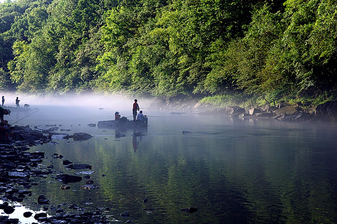 Children fishing in the distance during a free fishing event.