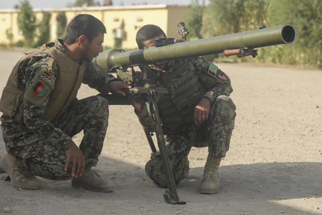 Afghan National Army soldiers with 6th Kandak, 1st Brigade, 215th Corps inspect an SPG-9 for functionality at the Helmand Regional Military Training Center aboard Camp Shorabak, Afghanistan, Oct. 7, 2017. Several hundred soldiers with the unit began an operational readiness cycle Sept. 30. The ORC is an eight-week training program led by ANA instructors, focusing on enhancing the unit’s lethality and warfighting capabilities for future combat operations against insurgency throughout the province. (U.S. Marine Corps photo by Sgt. Lucas Hopkins)