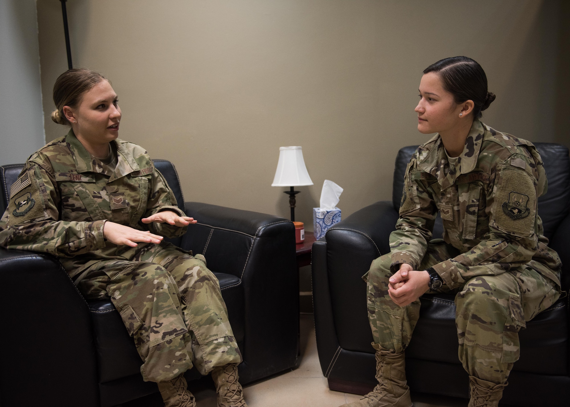 This week’s Rock Solid Warrior is Senior Airman Brittany Edwards (right), the NCOIC of mental health with the 386th Expeditionary Medical Group, deployed from Eglin Air Force Base, Fl. The Rock Solid Warrior program is a way to recognize and spotlight the Airmen of the 386th Air Expeditionary Wing for their positive impact and commitment to the mission. (U.S. Air Force photo by Tech. Sgt. Jonathan Hehnly)