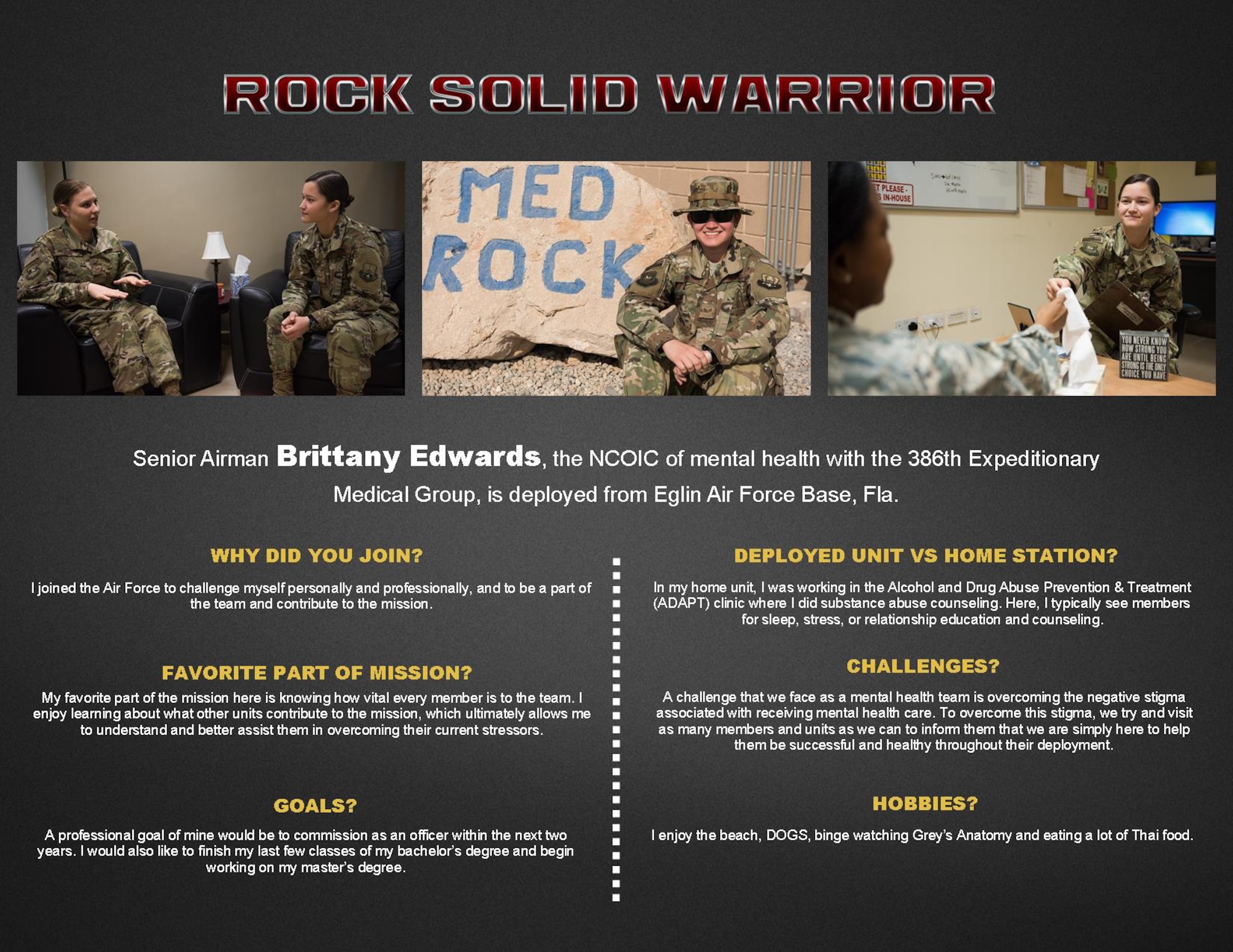This week’s Rock Solid Warrior is Senior Airman Brittany Edwards, the NCOIC of mental health with the 386th Expeditionary Medical Group, deployed from Eglin Air Force Base, Fl. The Rock Solid Warrior program is a way to recognize and spotlight the Airmen of the 386th Air Expeditionary Wing for their positive impact and commitment to the mission. (U.S. Air Force photo by Tech. Sgt. Jonathan Hehnly)