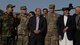 From right, Afghan President Ashraf Ghani, U.S. Army Gen. John W. Nicholson, commander of the Resolute Support mission and U.S. Forces − Afghanistan, Unknown, U.S. Air Force Brig. Gen. Phillip Stewart and Maj. Gen. Mohammad Shoaib, stand for a photo after the UH-60 Black Hawk arrival ceremony Oct. 7, 2017, at Kandahar Airfield, Afghanistan. The officials performed a ribbon cutting and ceremonial signing of transfer certificates, celebrating the transfer of ownership of the first delivery of UH-60s to the Afghan Air Force. Stewart is the commander 438th Air Expeditionary Wing and Train, Advise, Assist Command-Air and Shoaib is the Afghan Air Force commander. (U.S. Air Force photo by Staff Sgt. Alexander W. Riedel)
