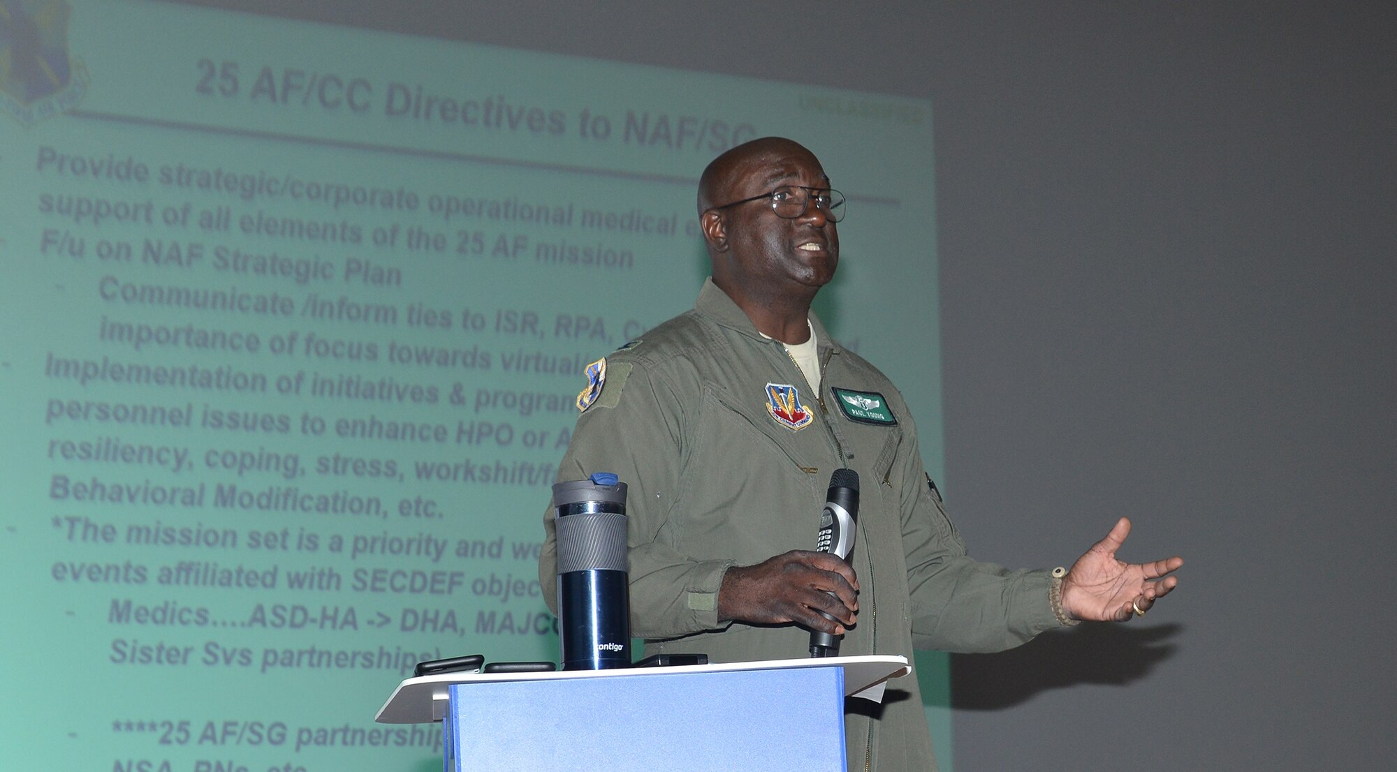 Col. Paul Young, Surgeon General, 25th Air Force, speaks to attendees at the Numbered Air Force's annual Surgeon General's Summit at Joint Base San Antonio – Lackland.