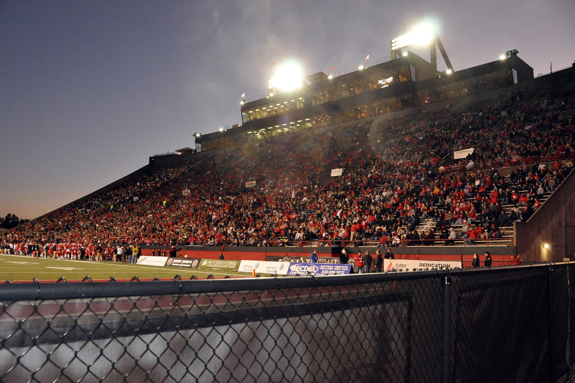 A group of football fans representing the 910th Airlift Wing’s Air Force Reserve Citizen Airmen based at nearby Youngstown Air Reserve Station, Ohio, along with their coworkers, families and friends, are among a capacity crowd of nearly 17,000 at Stambaugh Stadium to witness the 1-AA YSU Penguins win their Missouri Valley Football Conference opener against opponents, the South Dakota State Jack Rabbits, 19 - 7, here, Sept. 30, 2017.