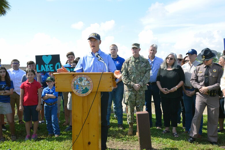 CLEWISTON, Fla. – Jacksonville District Commander, Col. Jason Kirk welcomed Florida Gov. Rick Scott to the Herbert Hoover Dike at Lake Okeechobee on Oct. 9, 2017.