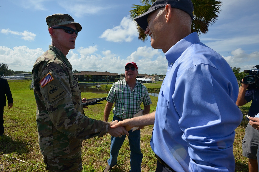 CLEWISTON, Fla. – Jacksonville District Commander, Col. Jason Kirk welcomed Florida Gov. Rick Scott to the Herbert Hoover Dike at Lake Okeechobee on Oct. 9, 2017.