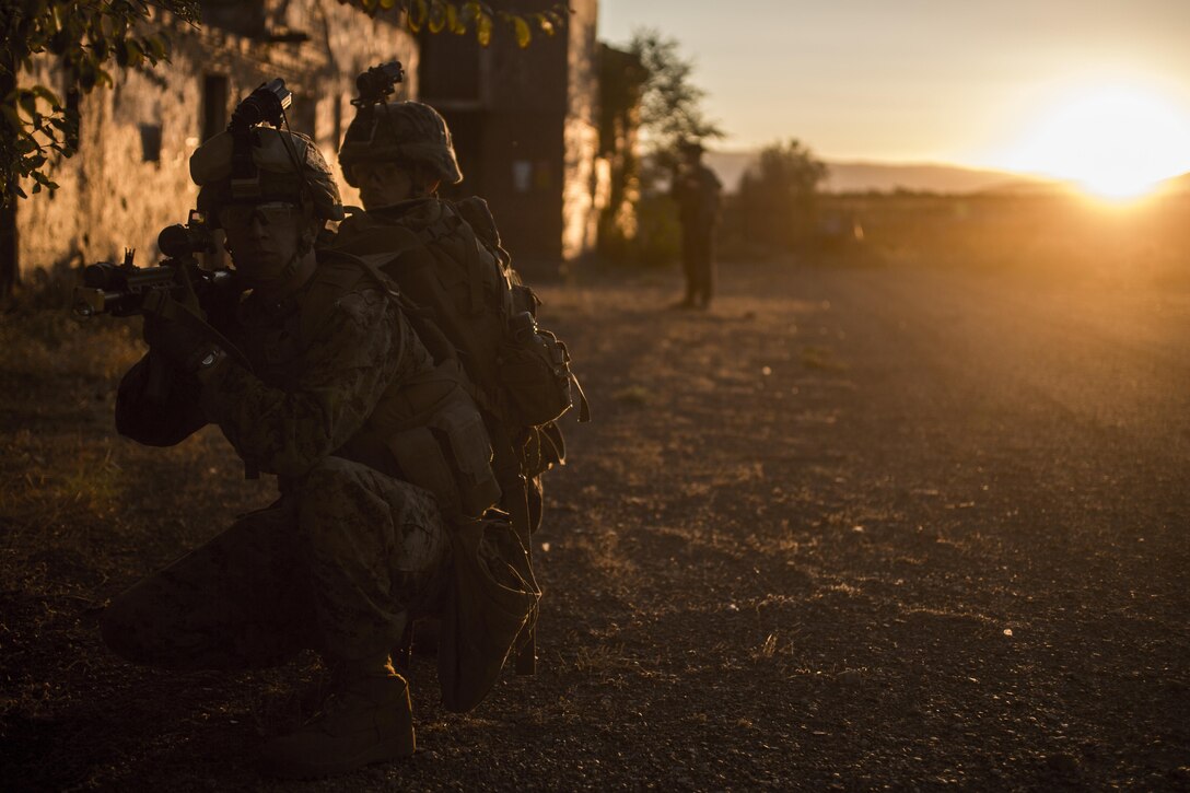 U.S. Marine Corps infantry riflemen assigned to Special Purpose Marine Air-Ground Task Force-Crisis Response-Africa hold security during the final exercise of urban operations training at Minas De Alquife, Spain, Sept. 11, 2017. SPMAGTF-CR-AF deployed to conduct limited crisis response and theater security operations in Europe and North Africa. (U.S. Marine Corps Photo by Cpl. Jodson B. Graves)