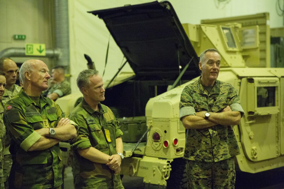 Marine Corps Gen. Joseph F. Dunford Jr., chairman of the Joint Chiefs of Staff is briefed about the capabilities of the Marine Corps Prepositioning Program Norway (MCPP-N) in Norway, Sept. 20, 2017. The MCPP-N cave sites provide strategic benefits and logistics capability by facilitating the movement of equipment to key locations. (U.S. Marine Corps photo by Lance Cpl. Jesus Flores)