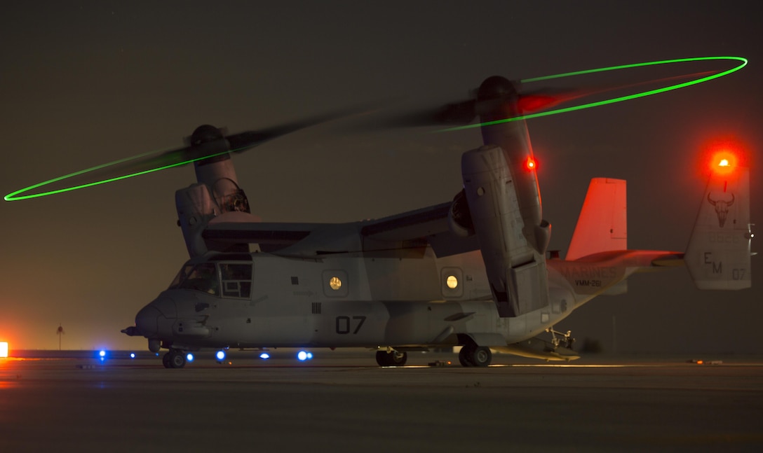 An MV-22C Osprey assigned to Special Purpose Marine Air-Ground Task Force-Crisis Response-Africa, prepares for night operations at Morón Air Base, Spain, Oct. 4, 2017. SPMAGTF-CR-AF deployed to conduct limited crises-response and theatre-security operation in Europe and North Africa. (U.S. Marine Corps photo by Sgt. Takoune H. Norasingh)