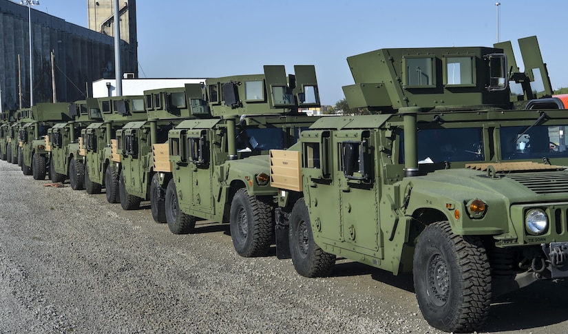 Humvees are lined up before being loaded onto the Liberty Maritime Corporation’s ship, Honor, at Joint Base Charleston-Weapons Station, S.C., Sept. 27, 2017.