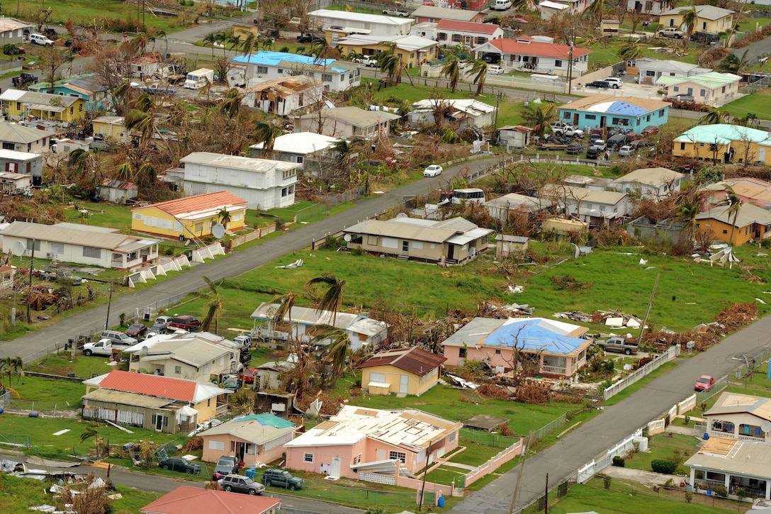 An aerial view of St. Croix, Virgin Islands after Maria.