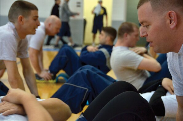 Airmen from the 445th Airlift Wing complete their physical fitness test during a unit training assembly weekend.
