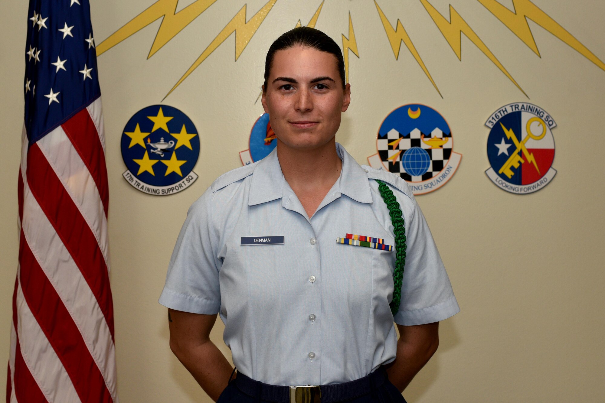315th Training Squadron Student of the Month for Sept. 2017, U.S. Air Force Airman Patricia Denman, 315th Training Squadron trainee, in Brandenburg Hall on Goodfellow Air Force Base, Texas, Oct. 5, 2017. The 17th Training Wing's mission is to develop and inspire exceptional intelligence, surveillance and reconnaissance, and fire protection professionals for America and her allies. (U.S. Air Force photo by Airman 1st Class Randall Moose/released)