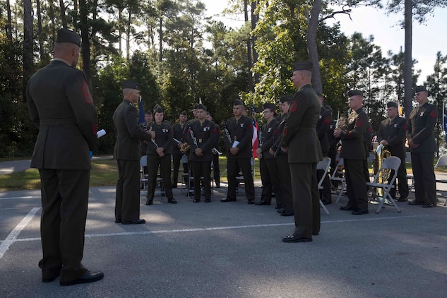 Maj. Gen. John K. Love, the 2nd Marine Division Commanding General, speaks to Marines with the 2nd Marine Division Band after an anniversary ceremony at Camp Lejeune, N.C., Oct. 6, 2017. Marines of past and present gathered to commemorate the 100th anniversary of the inception of 8th Marine Regiment. The unit was established Oct. 9, 1917. (U.S. Marine Corps photo by Pfc. Nicholas Guevara)