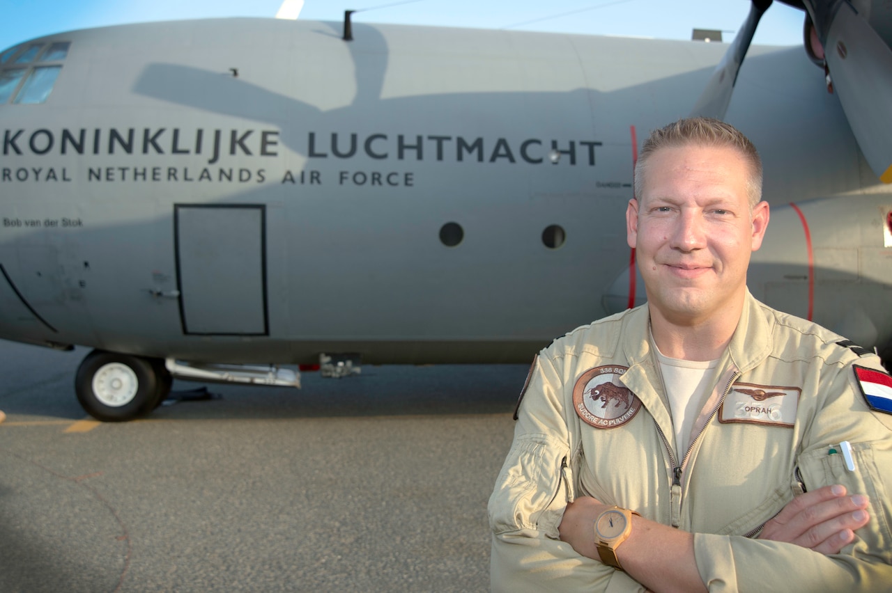 Capt. Gert-jan 1st(Netherlands) Air Task Force Operation Inherent Resolve pilot, stands in front of the the Royal Netherlands Air Force C-130 Hercules at an undisclosed location in Southwest Asia, Oct. 6, 2017. The RNLAF completed its first C-130H supply mission from a Southwest Asia location, Oct. 3.